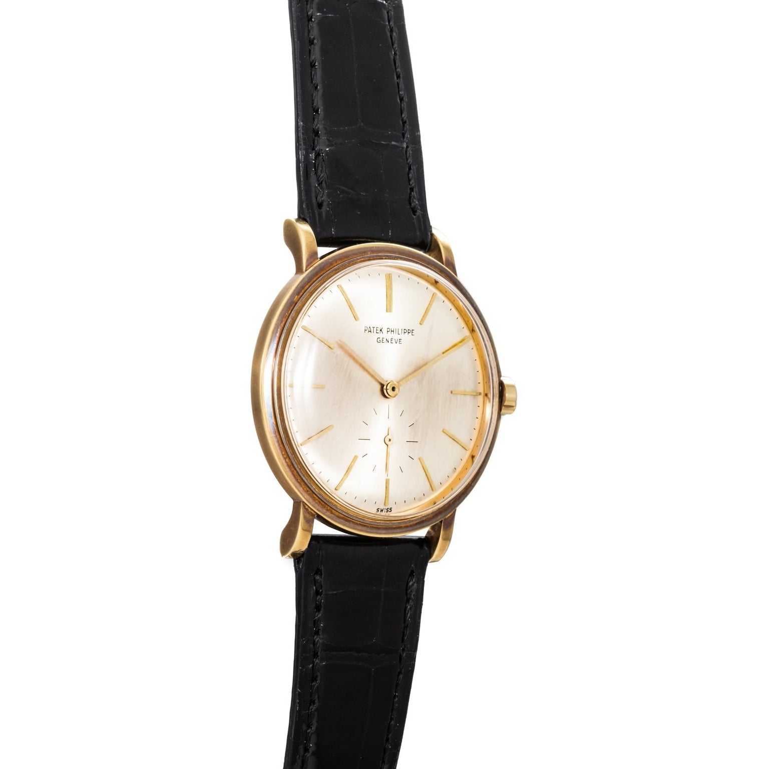 Patek Philippe Calatrava Waterproof wristwatch featuring a black leather strap and minimalist silver dial.