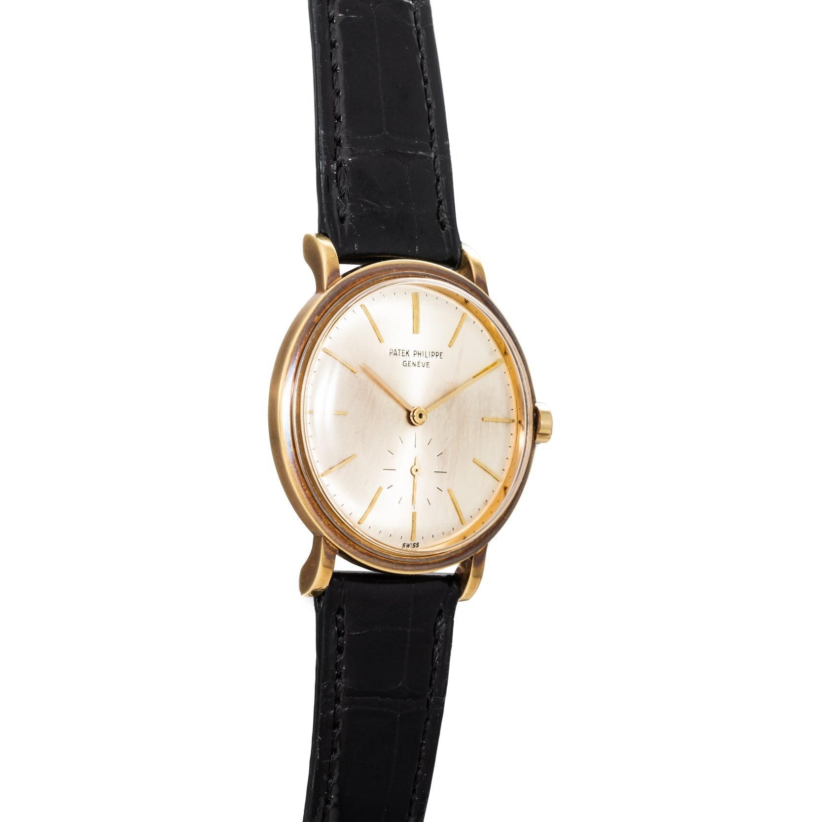 Patek Philippe Calatrava Waterproof wristwatch featuring a black leather strap and minimalist silver dial.