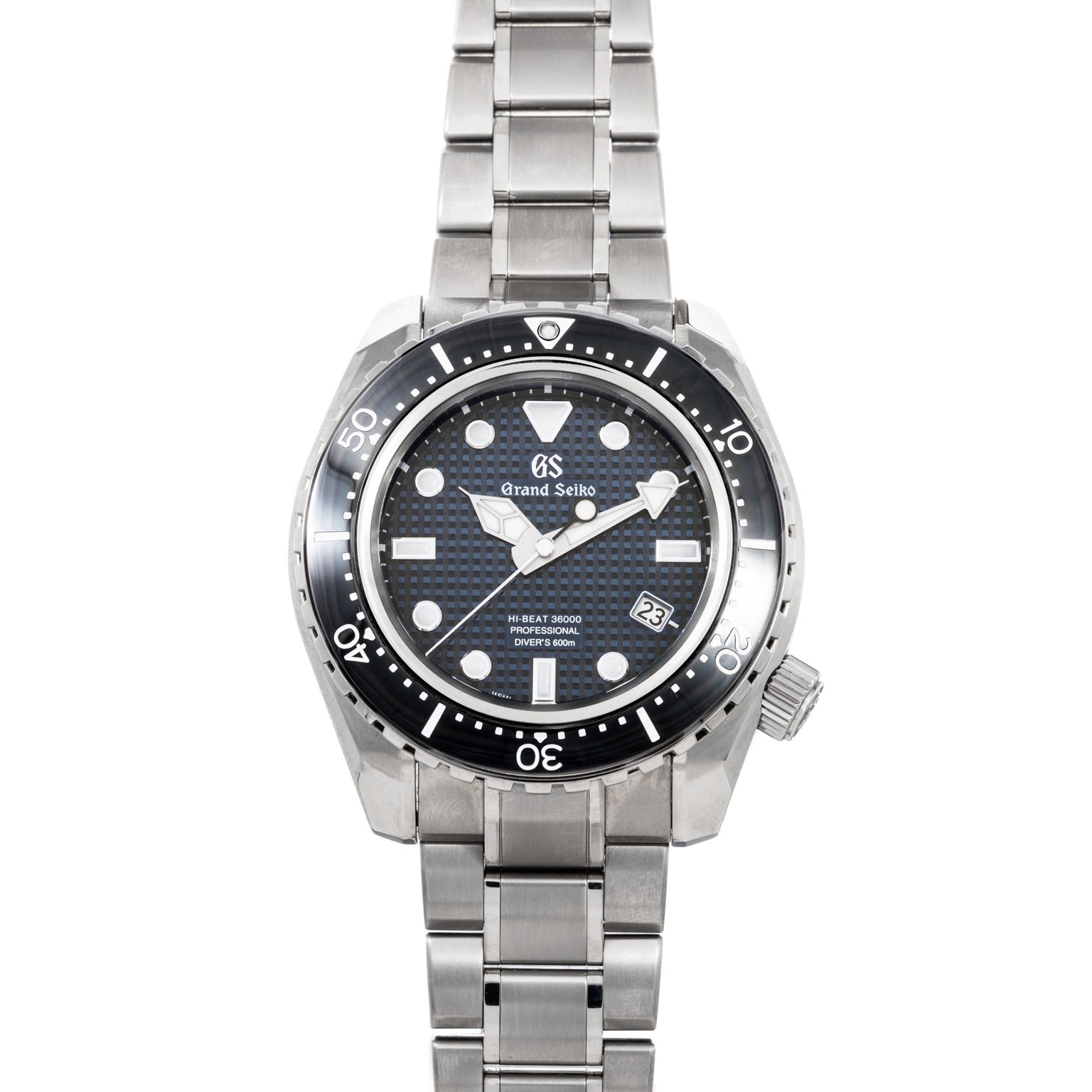 The Grand Seiko Hi-Beat Professional 600m Divers Limited Edition is a stainless steel dive watch with a black bezel, textured black dial, and metal bracelet.