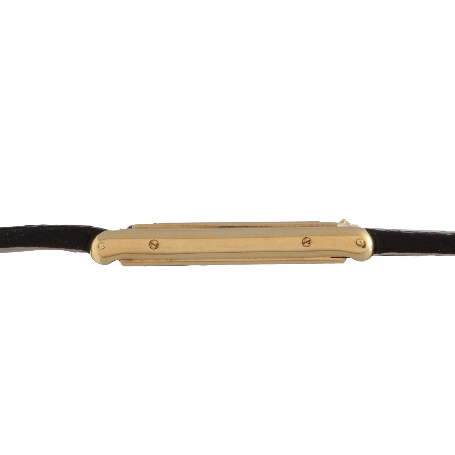 Side view of the Cartier Tank Basculante Mécanique 150th Anniversary Limited Edition, featuring a gold case, black leather strap, slim profile, and visible screws.