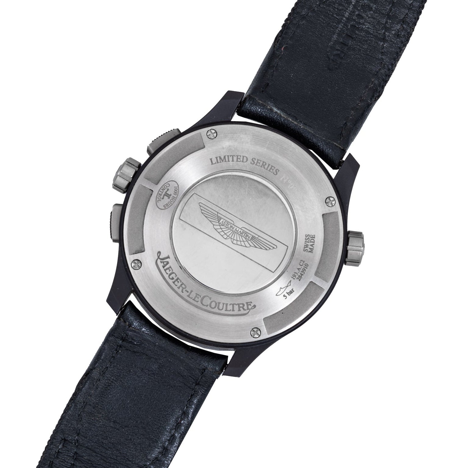 Back of a Jaeger-LeCoultre Amvox 5 World Chronograph watch featuring the Aston Martin logo, limited edition engraving, and a black leather strap.