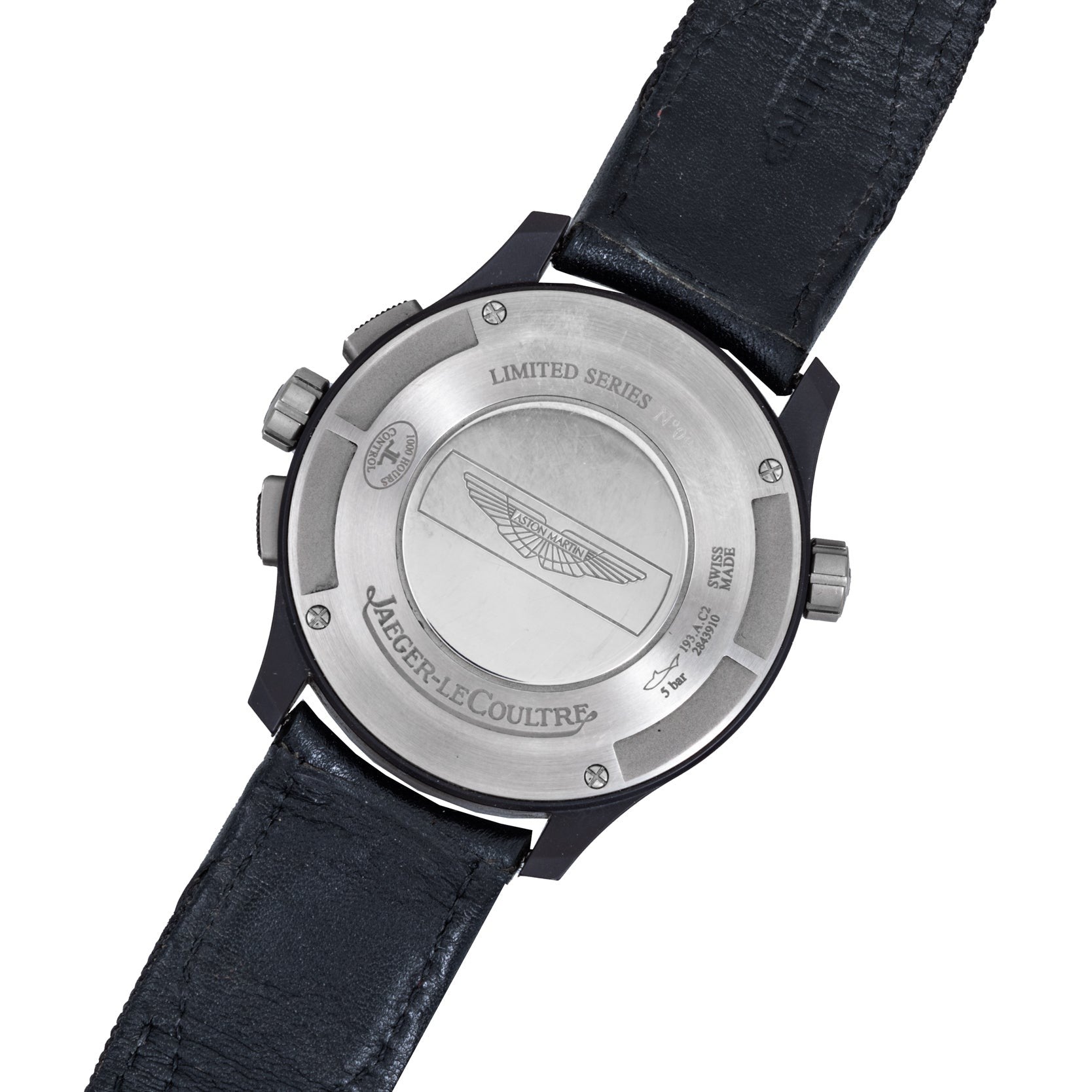 Back of a Jaeger-LeCoultre Amvox 5 World Chronograph watch featuring the Aston Martin logo, limited edition engraving, and a black leather strap.