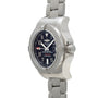 Side view of the Breitling Avenger II Seawolf, a stainless steel wristwatch featuring a black dial and metal bracelet.