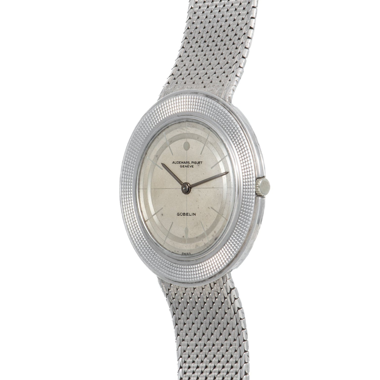 Silver Audemars Piguet Signed Disco Volante Dress Watch Gübelin featuring a mesh band and textured round bezel.