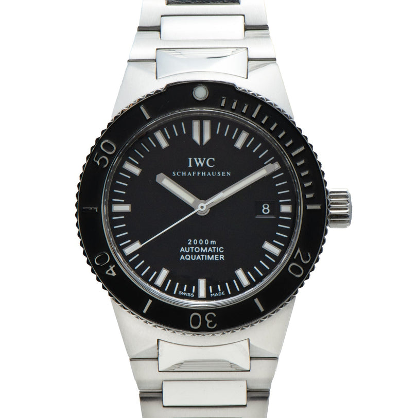 An IWC Schaffhausen Aquatimer GST 2000 wristwatch featuring a silver case, black dial, date display, and stainless steel band.