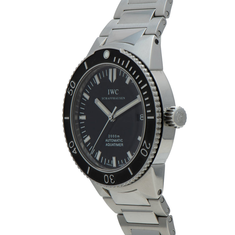The IWC Schaffhausen Aquatimer GST 2000 dive watch features a silver case, black bezel, and dial, displayed on a metal link bracelet at an angle.