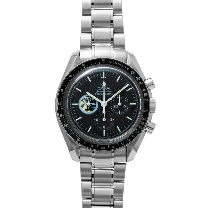 OMEGA Speedmaster Professional Missions Apollo XVII watch in stainless steel, featuring a black dial with subdials and displayed on a metal bracelet.