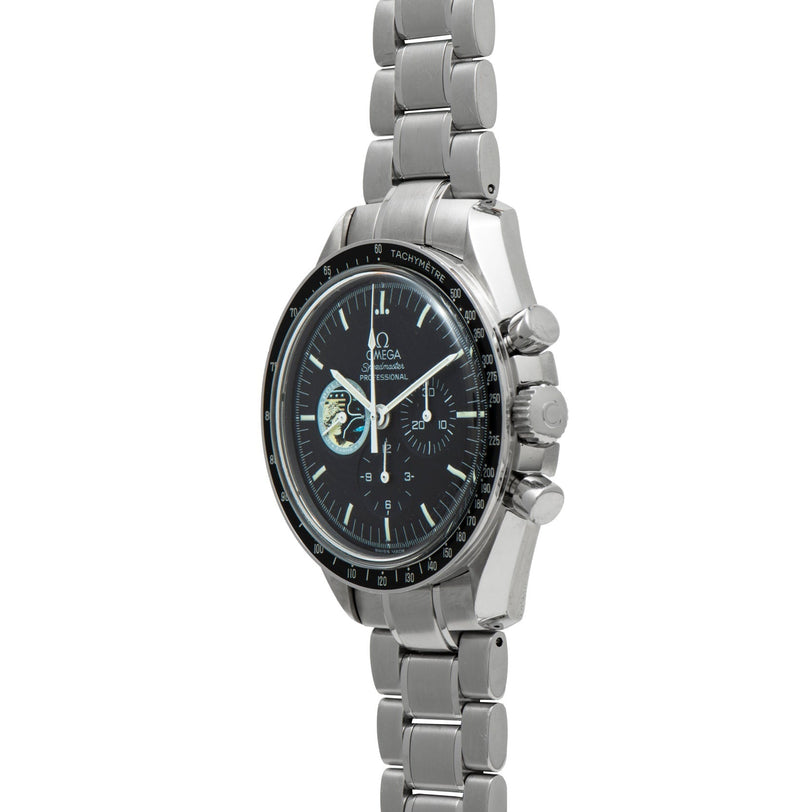 OMEGA Speedmaster Professional Missions Apollo XVII watch in stainless steel, featuring a black dial and chronograph functions, displayed at an angle.
