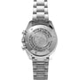 Back view of the OMEGA Speedmaster Professional Missions Apollo XVII stainless steel watch engraved with FIRST WATCH WORN ON THE MOON and other inscriptions.