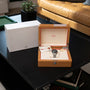 An OMEGA Speedmaster Professional Missions Apollo XVII wristwatch with documents sits boxed on a black table near a tan couch and potted plant.