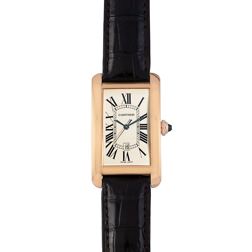 Cartier Tank Americaine watch featuring a rectangular case, white dial, black Roman numerals, and black leather strap.