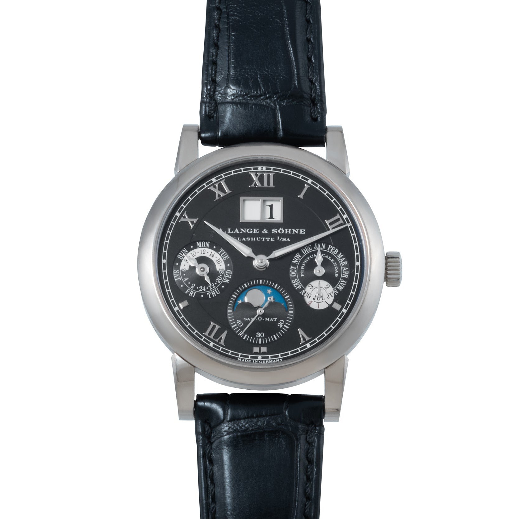 The Lange & Sohne Langematik Perpetual Calendar is a luxury wristwatch featuring a black leather strap and multiple subdials on a black dial.