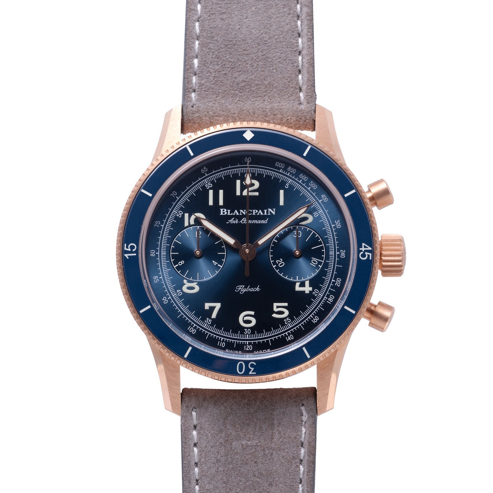 The Blancpain Air Command Flyback Chronograph features a blue dial with chronograph subdials, a rose gold case, and a grey leather strap for a luxurious look.