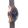 The Blancpain Air Command Flyback Chronograph features a rose gold case, black dial, and grey leather strap, shown in a side view.