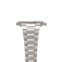 A close-up of the Patek Philippe Nautiluss silver metal watch band and case against a white background.
