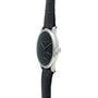 Side view of the IWC Schaffhausen Portugieser wristwatch featuring a black dial and black leather strap.