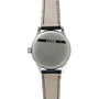 The back of the IWC Schaffhausen Portugieser wristwatch, engraved with IWC, features a beige leather strap with black stitching.