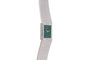 White Gold Malachite Dress Watch by Piaget featuring a slim silver design with a green rectangular face and textured metal band, shown vertically on a white background.