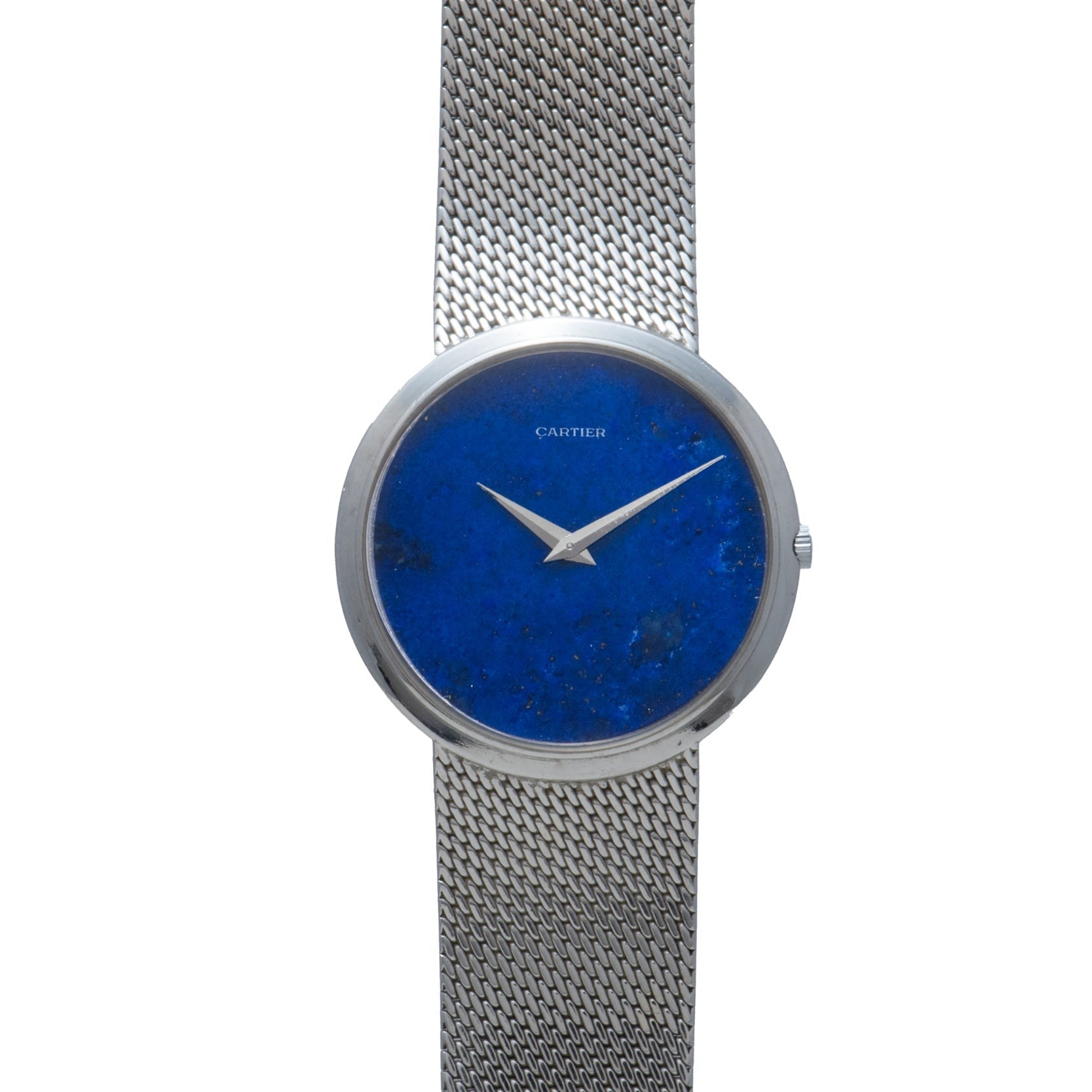 A Cartier White Gold Lapis wristwatch with a mesh band and blue lapis dial, featuring no hour markers.