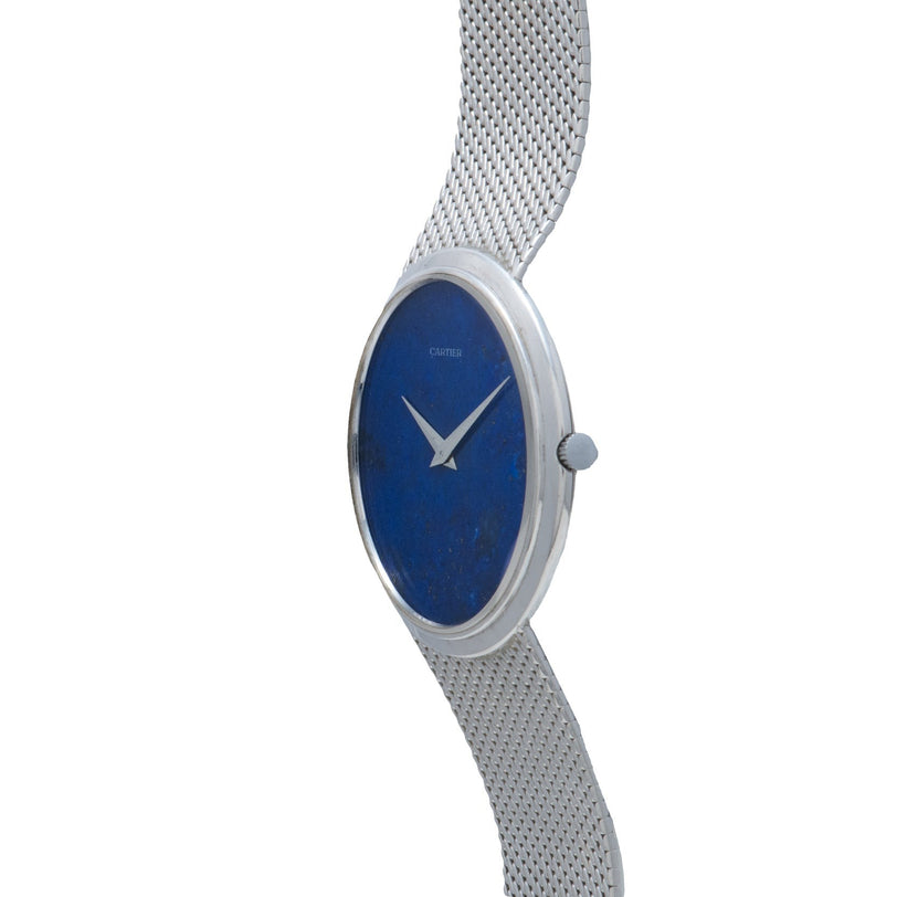 Side view of the Cartier White Gold Lapis watch featuring a silver mesh band, blue lapis face, and no hour markers.