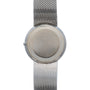 The Cartier White Gold Lapis watch is shown from the back, featuring a mesh band and a plain, round case.