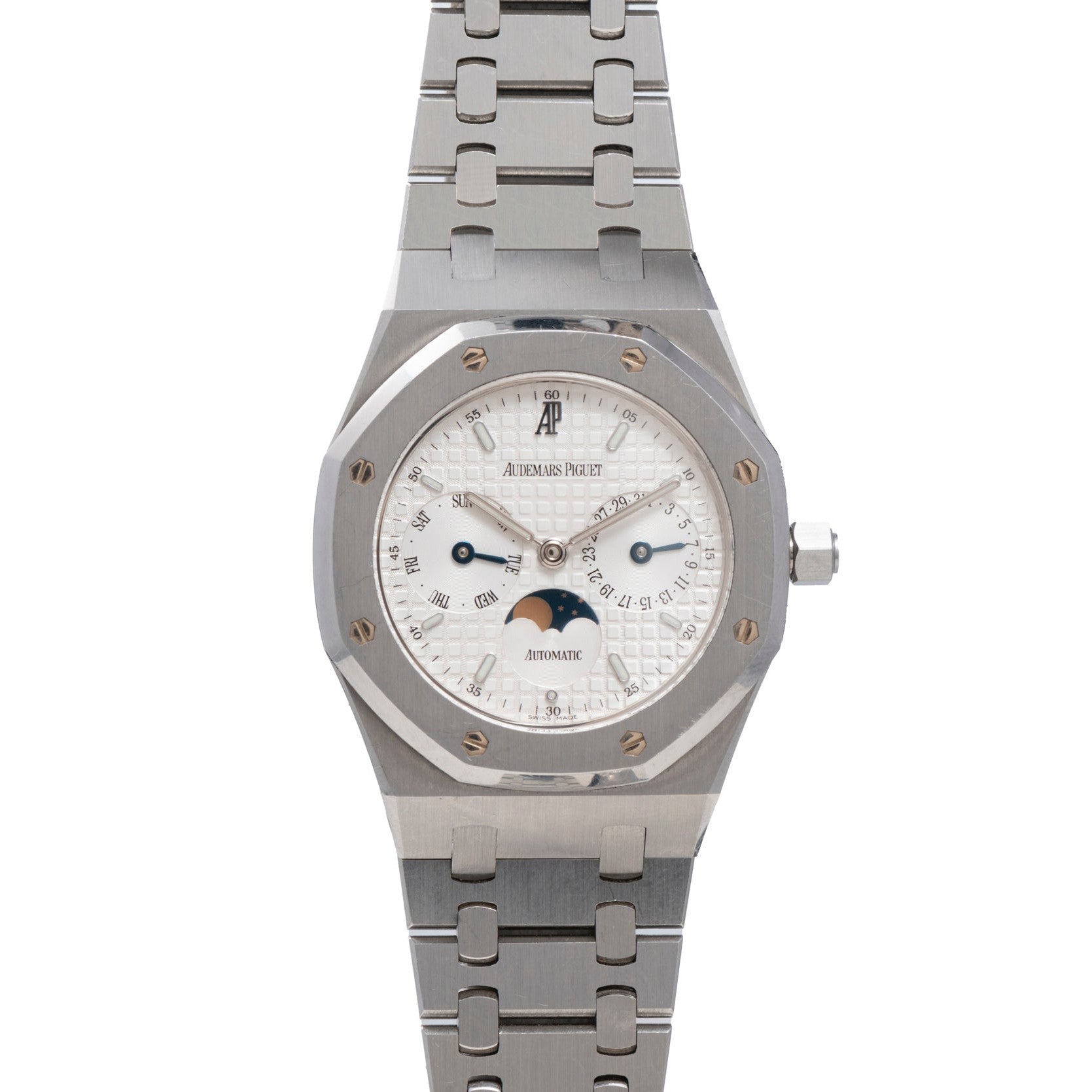The Audemars Piguet Royal Oak Day-Date Moonphase features a stainless steel case, a white textured dial, and a moon phase display.