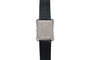 The Piaget Black Tie Emperador Coussin Automatique is a silver rectangular watch with a black leather strap, shown from the back.