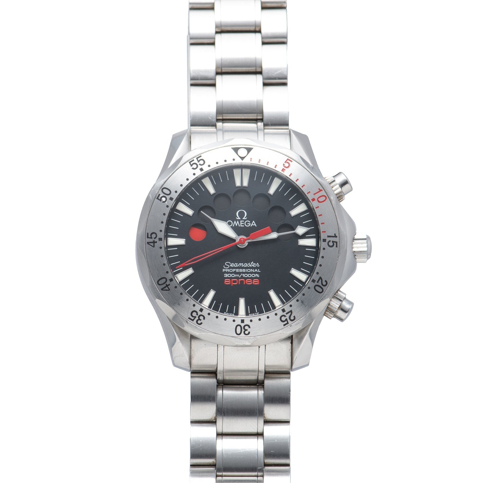 A silver OMEGA Seamaster 300 Professional Apnea Chronograph wristwatch featuring a black face, red accents, and a metal band.