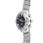Side view of an OMEGA Seamaster 300 Professional Apnea Chronograph with a stainless steel band and black dial.