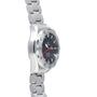 An OMEGA Seamaster 300 Professional Apnea Chronograph wristwatch, featuring a black dial and silver stainless steel link bracelet, is displayed from a side angle.