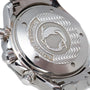 Close-up of the OMEGA Seamaster 300 Professional Apnea Chronograph’s case back, engraved with a dolphin, wave patterns, and Jacques Mayol’s name.