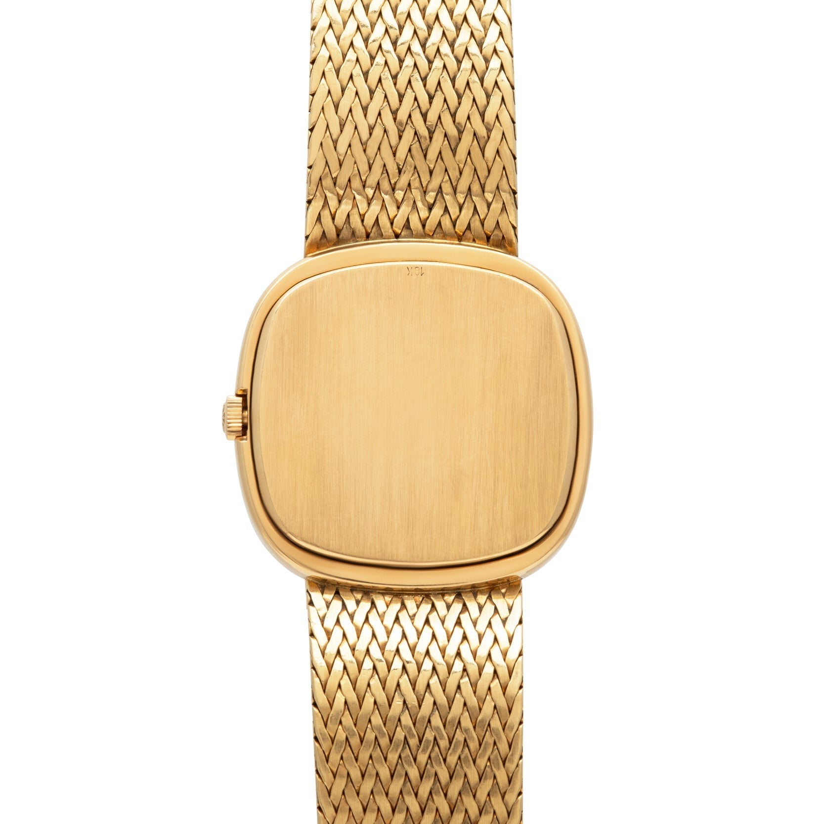 The Patek Philippe Ellipse TV Case is a gold wristwatch featuring a blank square face and a woven metal band.