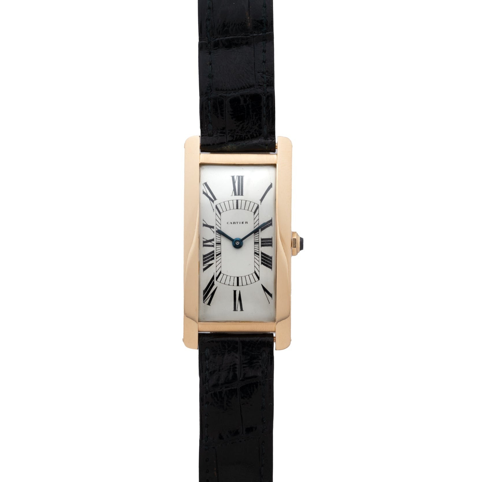 The Cartier Tank Cintrée Jumbo is a gold rectangular watch featuring Roman numerals and a black leather strap, showcased on a white background.