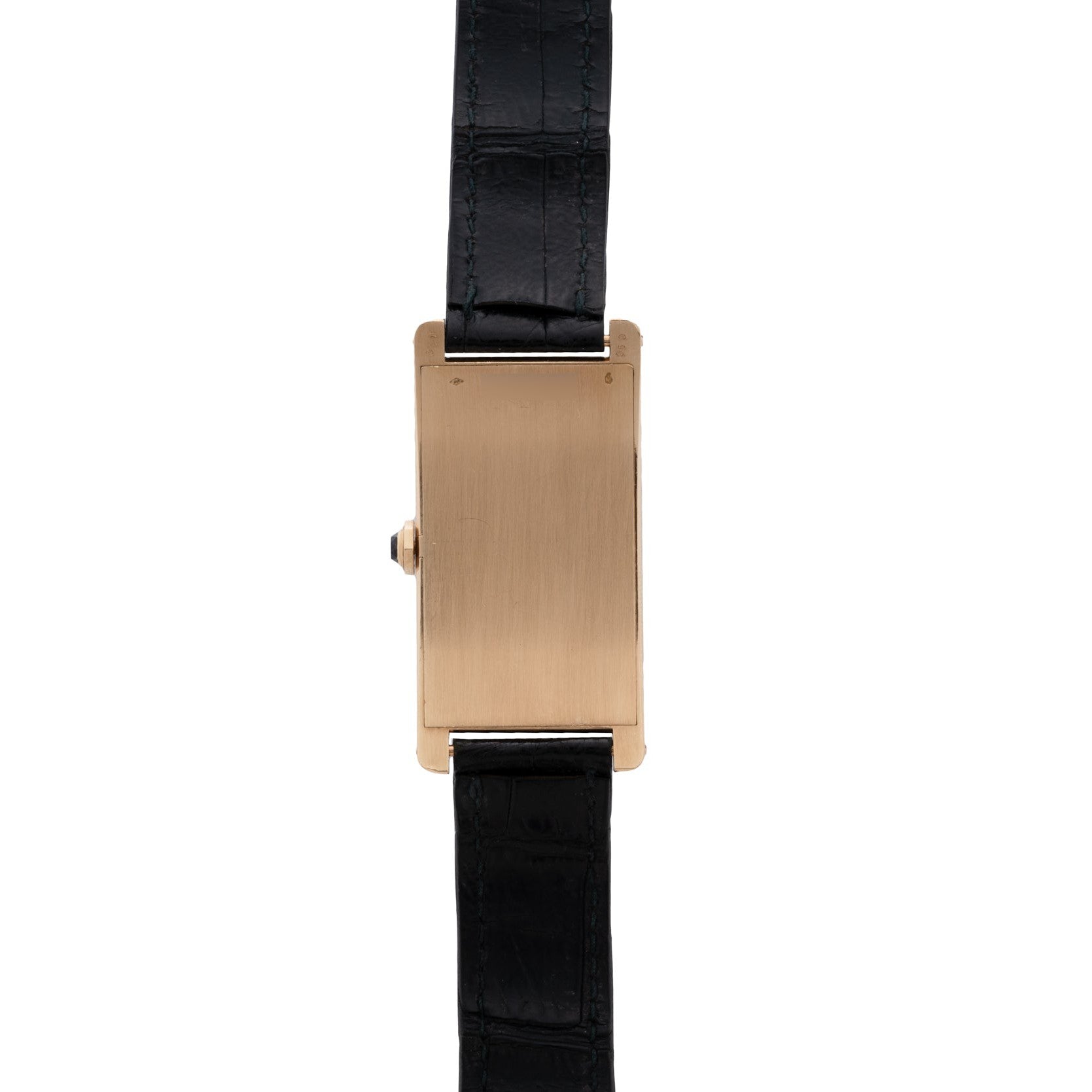 A Cartier Tank Cintrée Jumbo watch with a rectangular gold case and black leather strap, pictured with its face turned away.