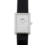Piaget Limelight Baguette Diamond Dress Watch with a rectangular case, diamond-set bezel, and black leather strap.