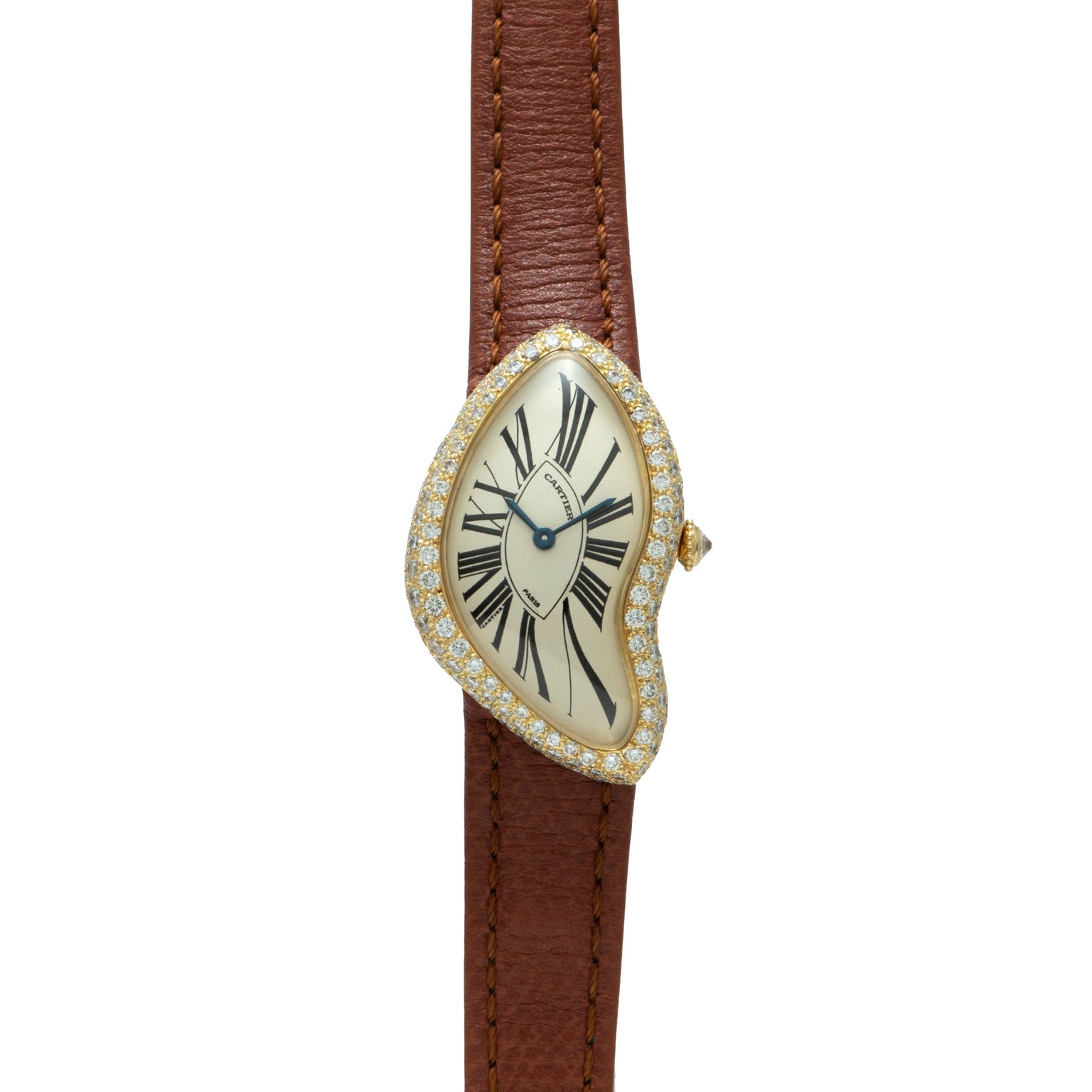The Cartier Crash Diamonds is a gold, diamond-encrusted watch with a distorted face and brown leather strap, inspired by Salvador Dalí.