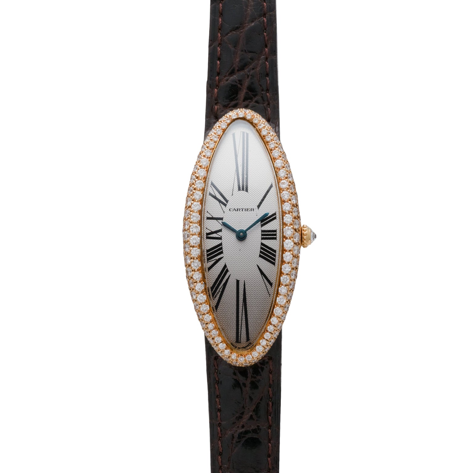 Cartier Baignoire Allongee watch featuring an elongated oval face, diamond bezel, black Roman numerals, and a brown leather strap.