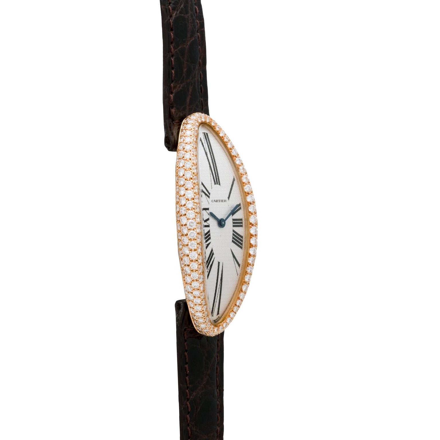 The Cartier Baignoire Allongee is an oval watch featuring a diamond-encrusted case, white dial with Roman numerals, and a black leather strap.