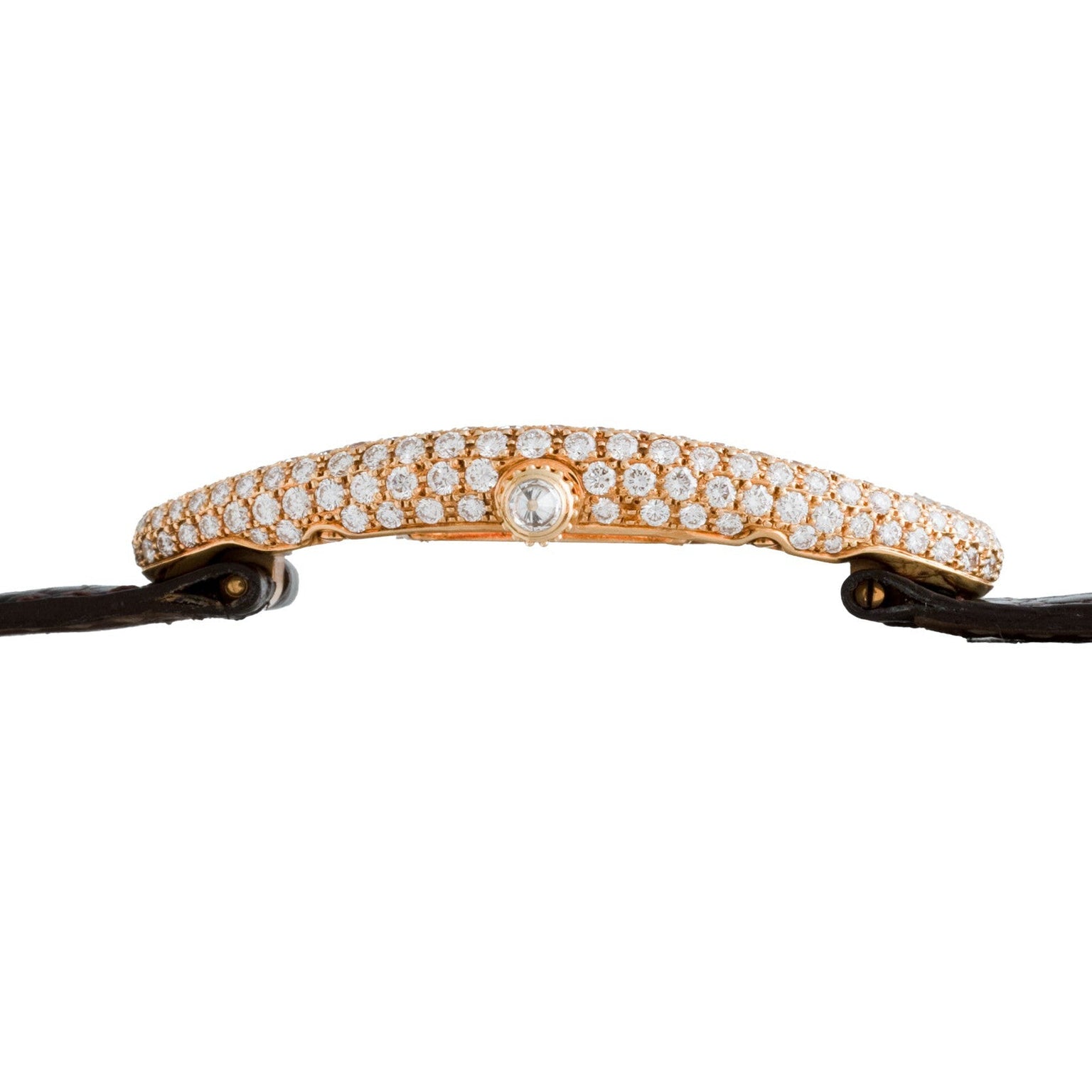 Side view of the Cartier Baignoire Allongee gold case encrusted with diamonds, paired with a black leather strap.