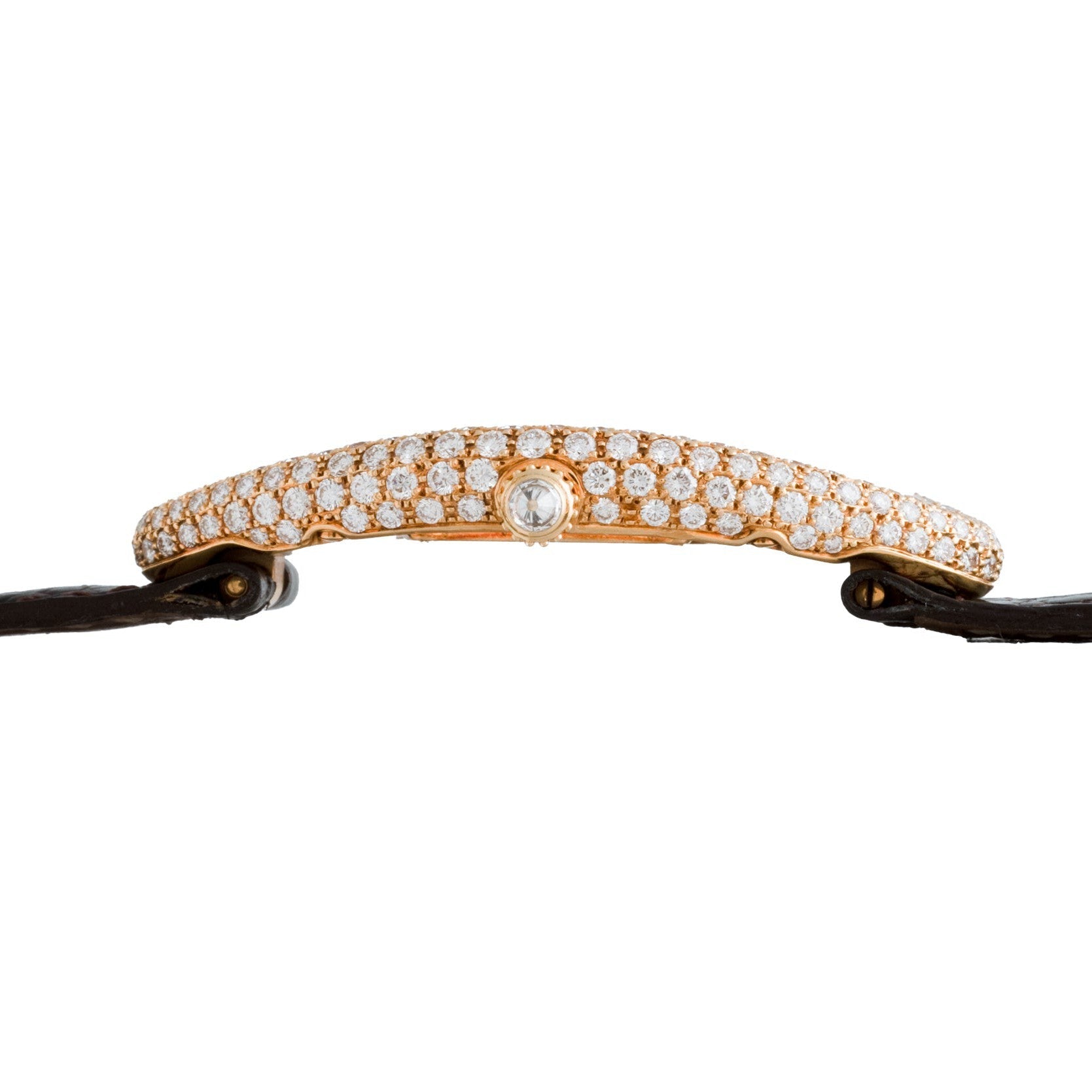 Side view of the Cartier Baignoire Allongee gold case encrusted with diamonds, paired with a black leather strap.