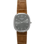 The Patek Philippe Ellipse wristwatch features a brown leather strap and a silver-toned dial.