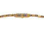 A close-up of the Piaget Polo Square’s gold and silver metal watch band featuring a central rectangular clasp.