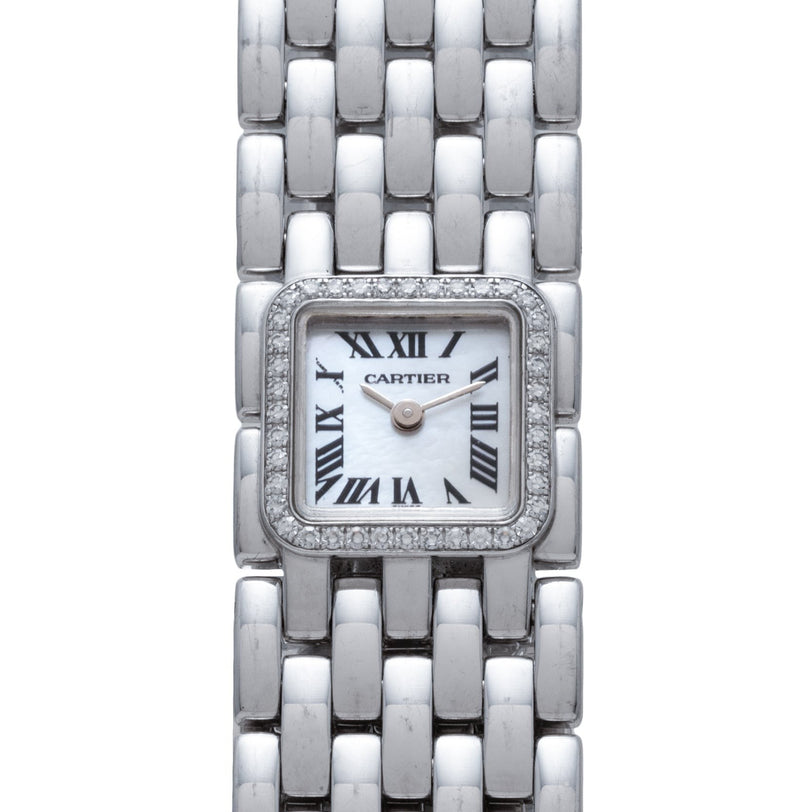 A Cartier Panthère Ruban Mother Of Pearl wristwatch featuring a square face, Roman numerals, and a diamond bezel.