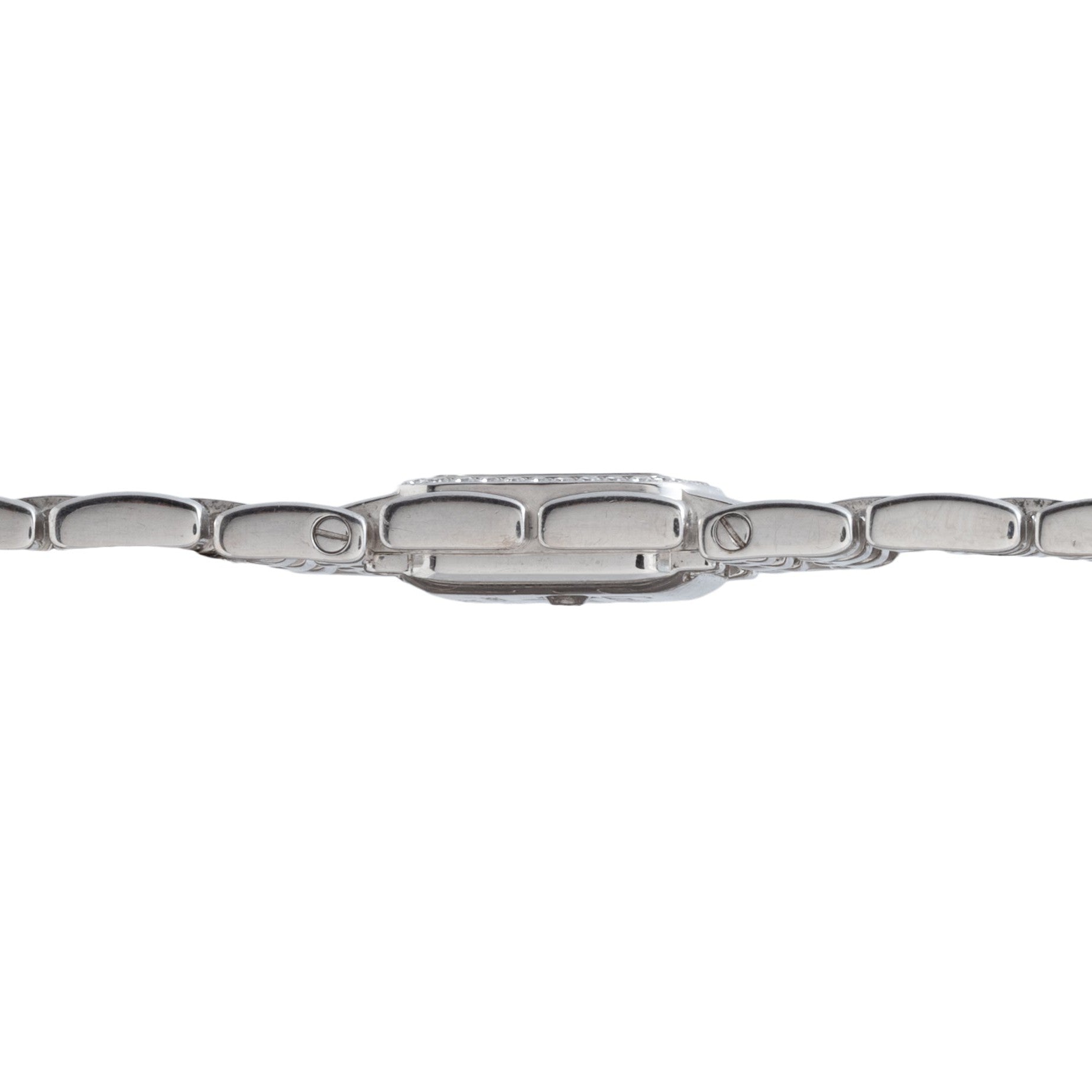 Side view of the Cartier Panthère Ruban Mother Of Pearl, featuring a silver metal wristwatch with a slim rectangular case and linked bracelet.