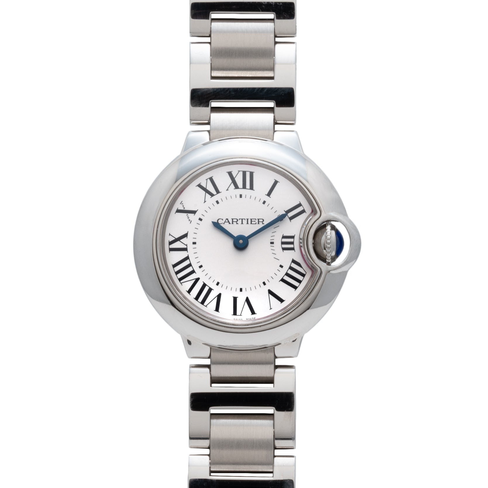 Cartier Ballon Bleu wristwatch featuring Roman numeral markers and a metal link band, shown from the front.