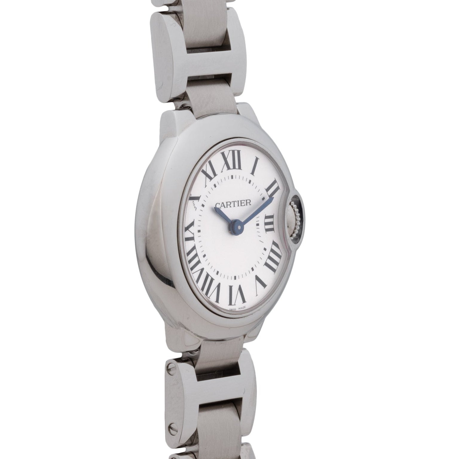 The Cartier Ballon Bleu wristwatch features Roman numerals and blue hands on a metal band, shown from an angle.