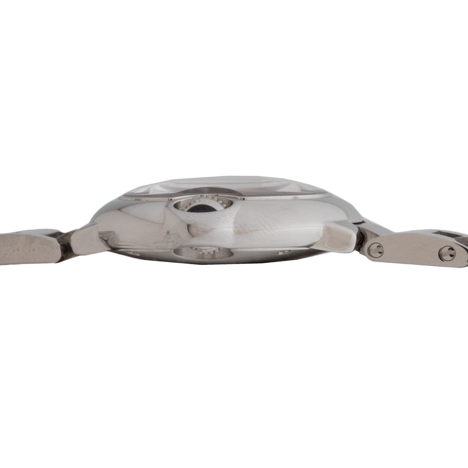 Side view of the Cartier Ballon Bleu wristwatch in silver, featuring a round case, metal bracelet, visible crown, and links.
