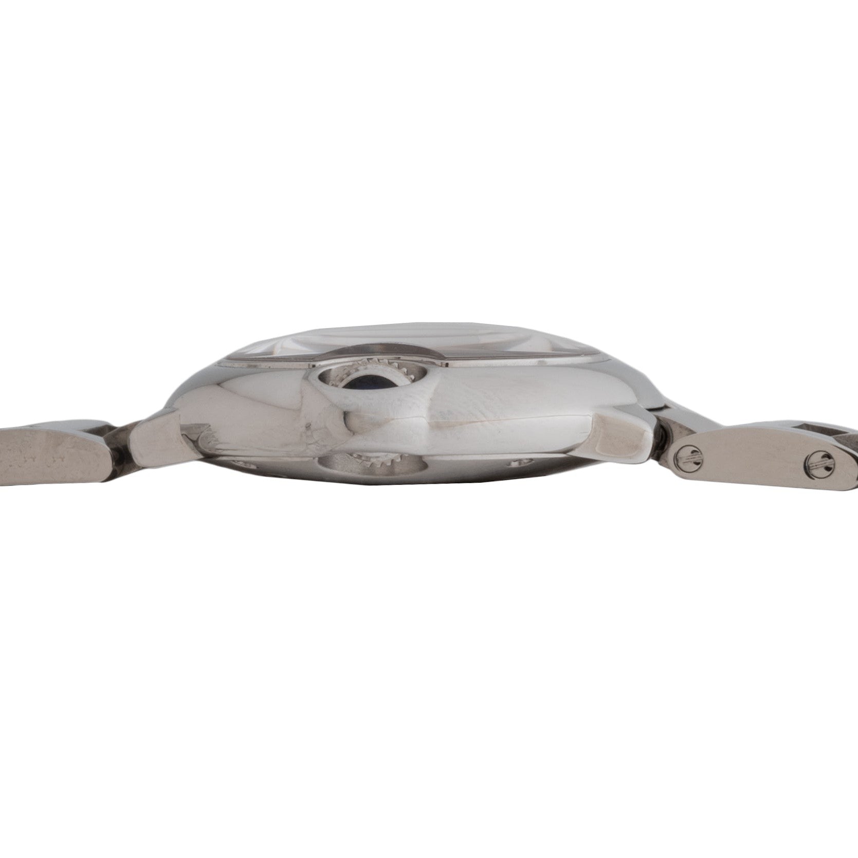 Side view of the Cartier Ballon Bleu wristwatch in silver, featuring a round case, metal bracelet, visible crown, and links.