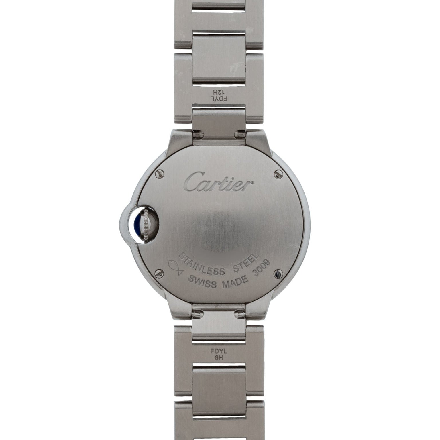 The back of a Cartier Ballon Bleu watch features engraved branding and a Swiss Made inscription on stainless steel.