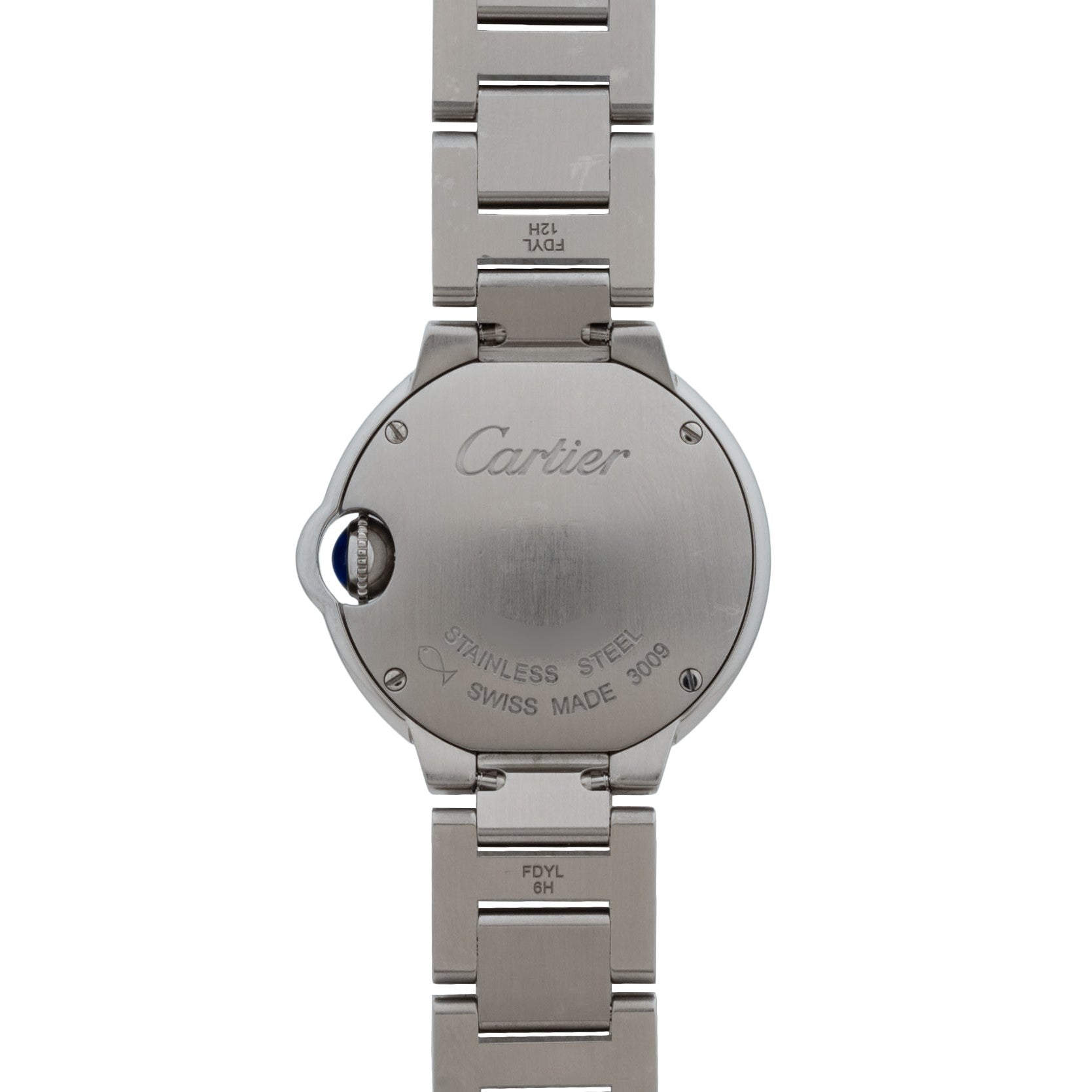 The back of a Cartier Ballon Bleu watch features engraved branding and a Swiss Made inscription on stainless steel.
